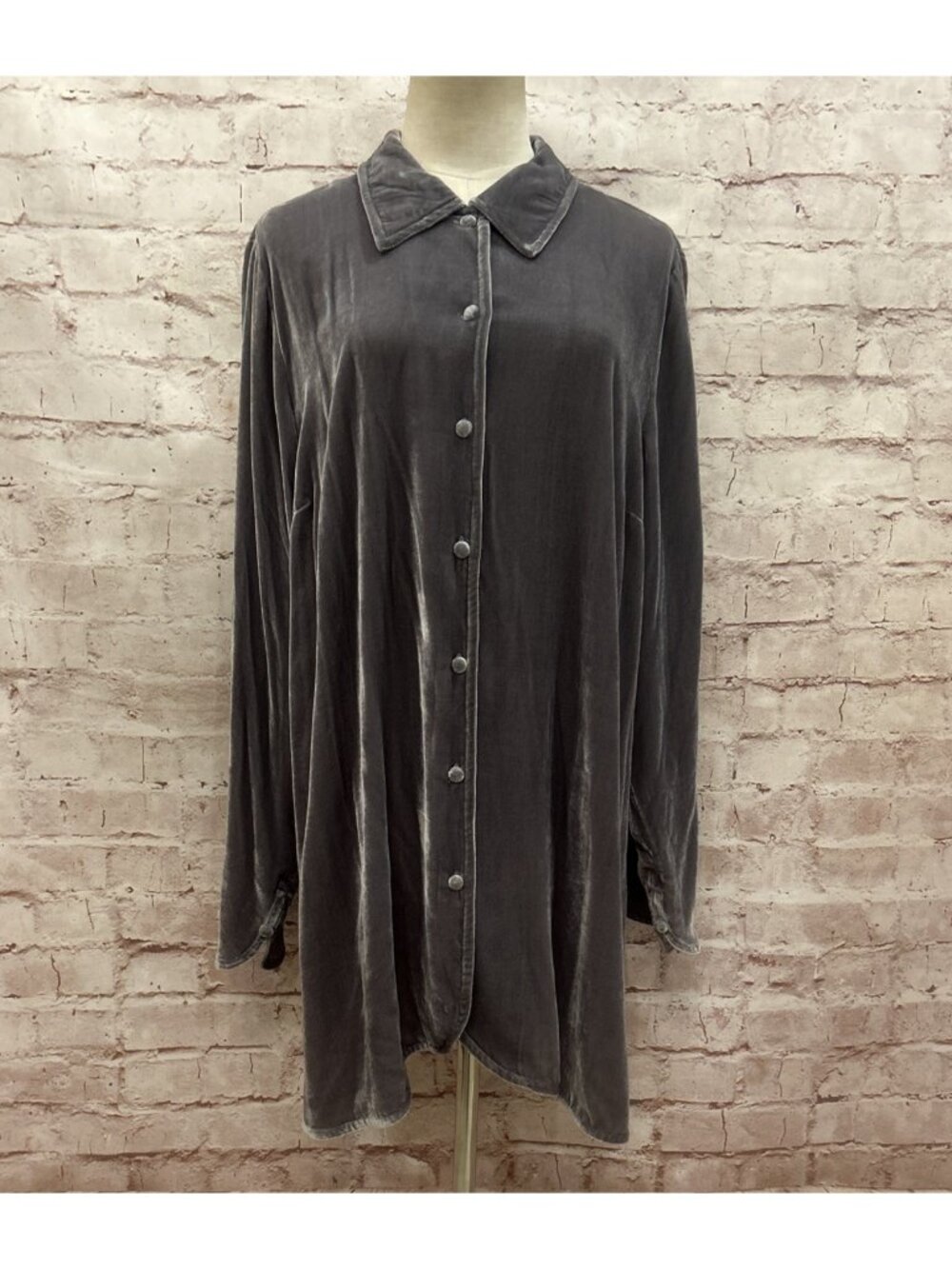 Soft Surroundings 1X Gray Velvet Button Up Tunic Blouse Collared Long Sleeve